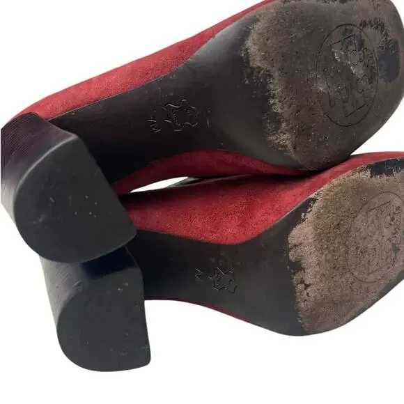 Tory Burch Red Black Suede Leather Tassel Chunky Square Toe Heels Size 7 - Picture 5 of 10
